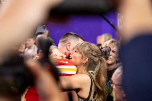 ​Taylor Swift hugging boyfriend Travis Kelce of the Kansas City Chiefs after their Super Bowl win