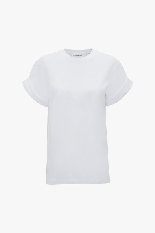 A Victoria Beckham Asymmetric Relaxed Fit T-Shirt In White with asymmetric folded sleeves is displayed against a white background.