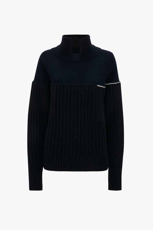 A Collar Detail Jumper In Navy by Victoria Beckham with ribbed detailing, exposed shoulder design, and chain stitch accents.