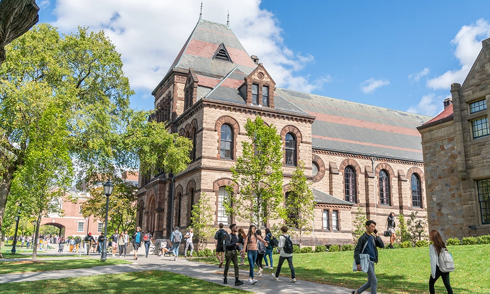 View of a college campus with students walking