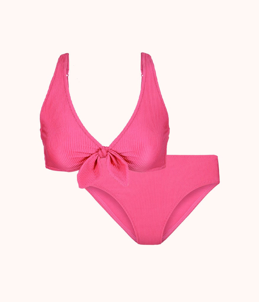 The Ribbed Plunge Bralette & High Waist Swim Bundle: Magenta