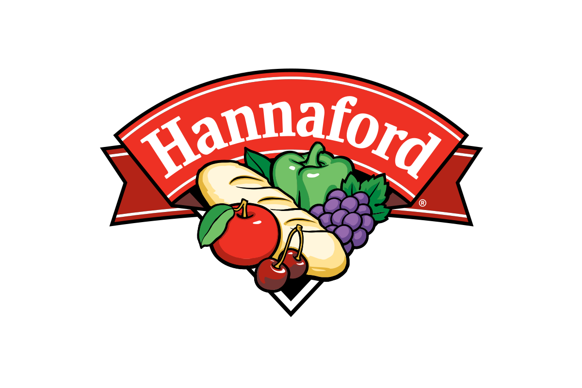 Logo of Hannaford featuring the brand name in white over a red ribbon banner, surrounded by illustrations of an apple, green pepper, grapes, banana, and cherries.