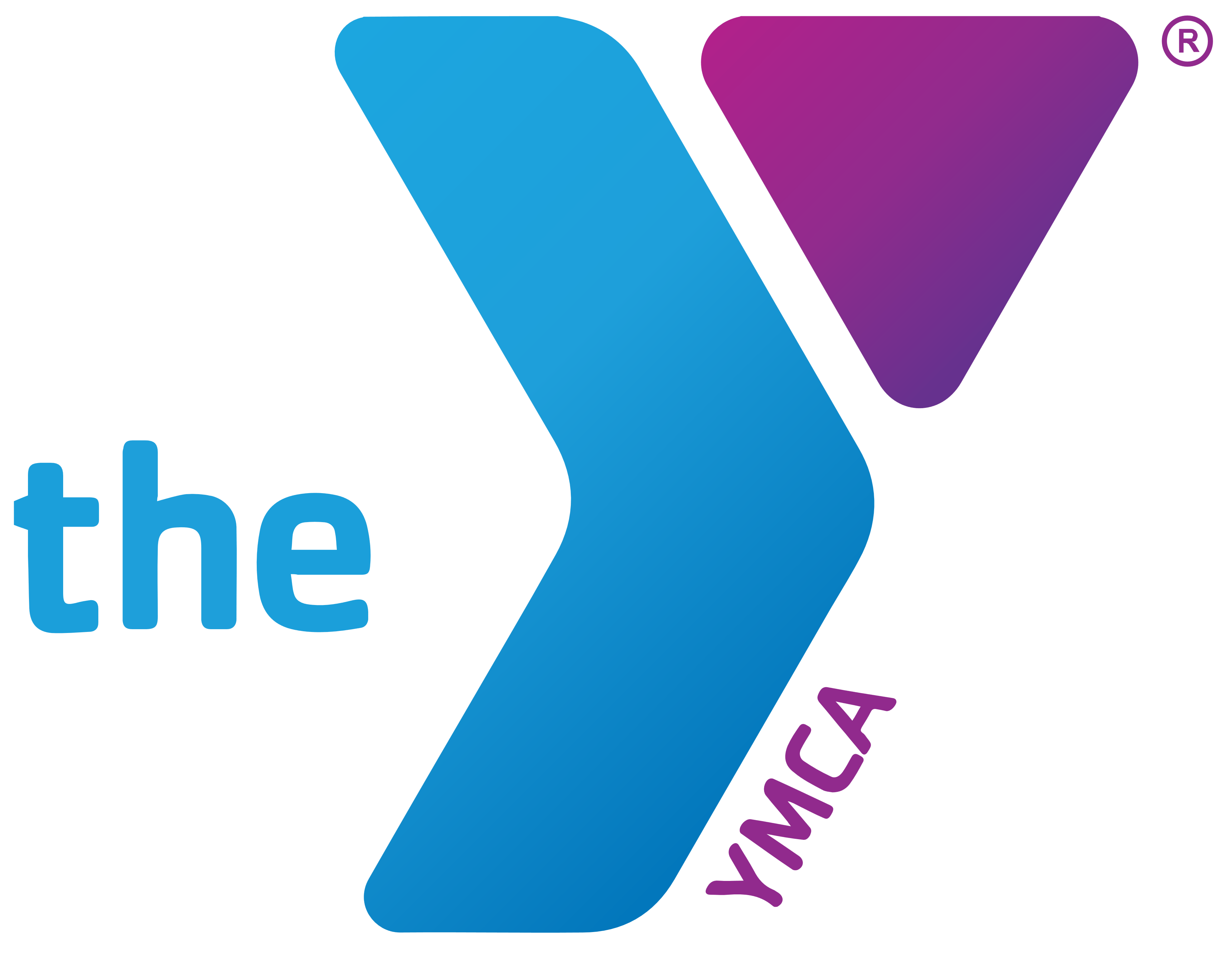 Logo of the YMCA featuring a large blue 'Y' with a smaller 'the' in lowercase letters to the left and 'YMCA' in purple to the right, all against a white background.