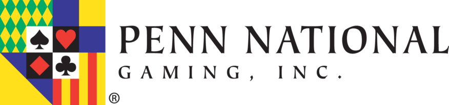Logo of Penn National Gaming, Inc., featuring a colorful geometric pattern and playing card symbols next to the company name.