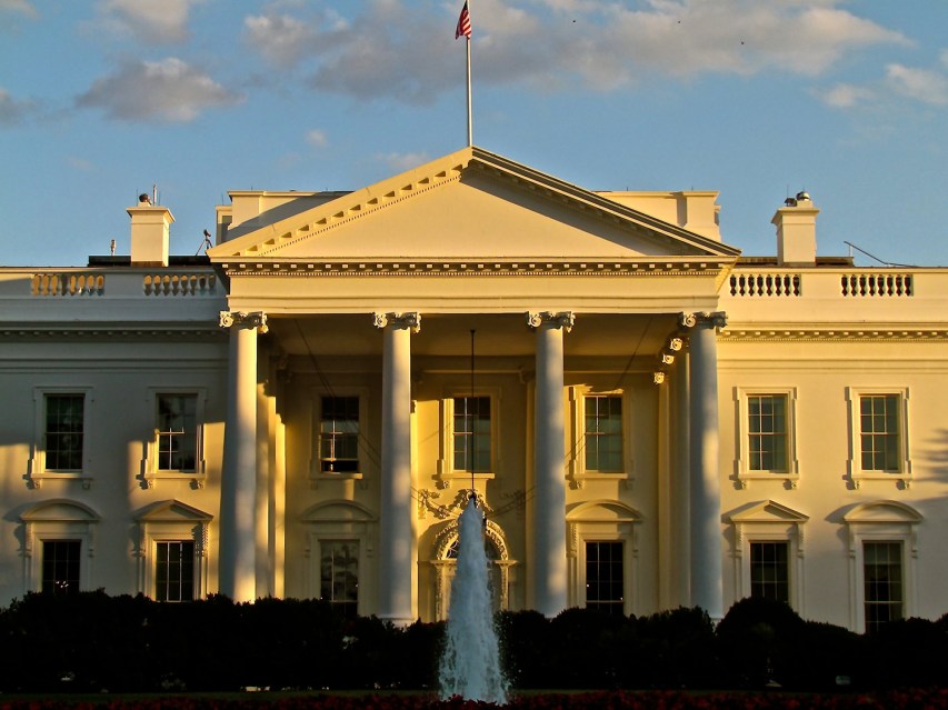 The north facade of the White House at sunrise.