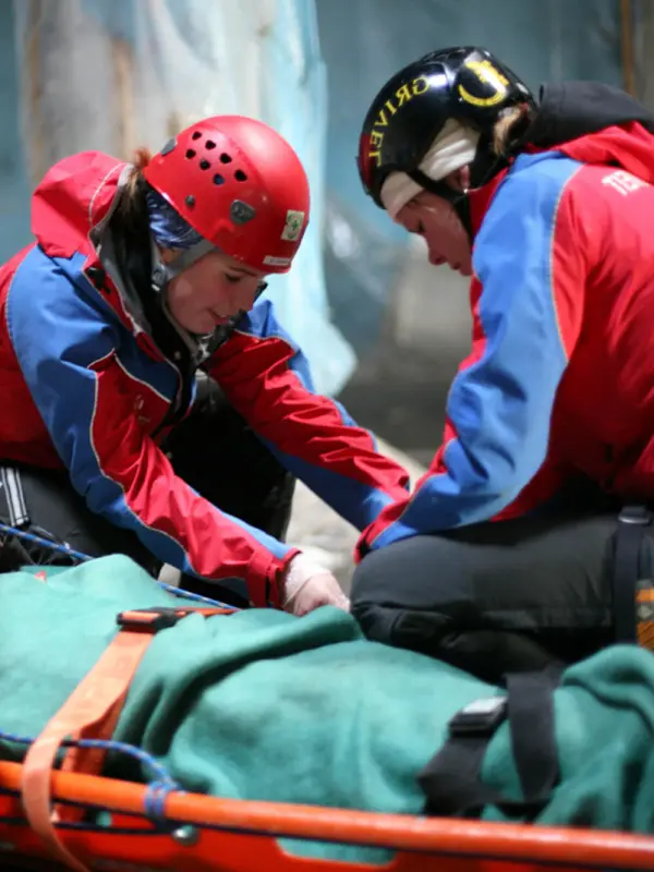 Wilderness rescue students utilizing skills learned throughout courses.