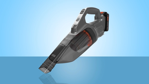 The Black & Decker Dustbuster PowerConnect Handheld Vacuum floating on a blue background. 