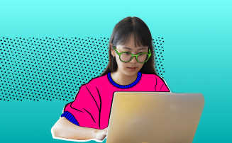Young girl with spectacles checking laptop