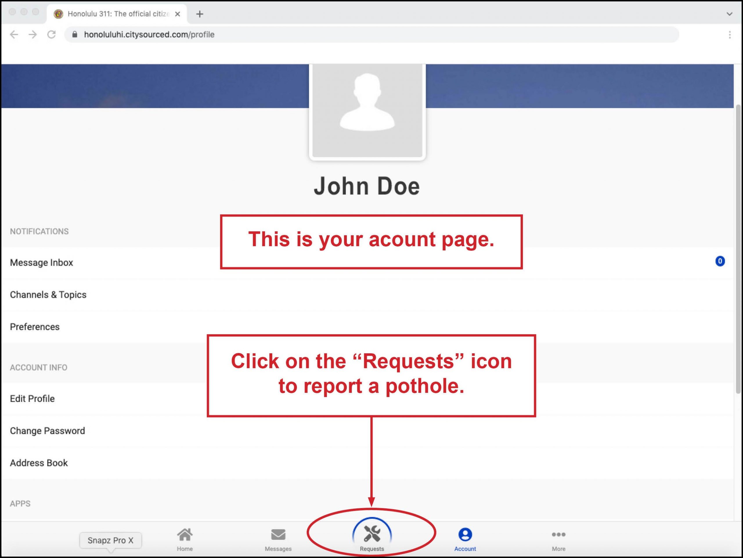 This is your account page.  Click on the "Requests" icon to report a pothole.