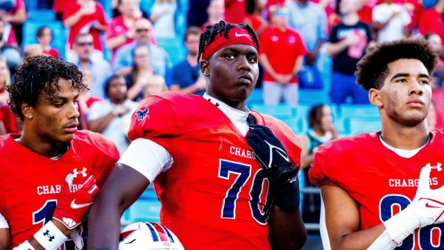 Cairo Skanes, David Sanders, Griff Galloway of Providence Day. A strong second quarter showing was enough to help No. 1 ranked Providence Day defeat Northwestern (SC) at Bank of America Stadium in the inaugural Carolina Panthers Keep Pounding High School Classic (Photo: Evan Moesta/HighSchoolOT)