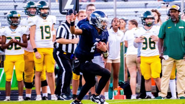 Bryce Baker of East Forsyth. No. 6 East Forsyth held off a late A.C. Reynolds comeback attempt to win 27-21 on September 1, 2023 (Photo: Evan Moesta/HighSchoolOT)