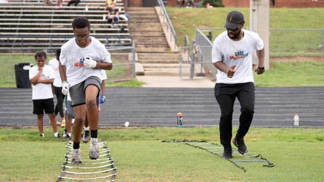 Former Southeast Raleigh quarterback Gabe Henderson hosted a free youth football camp at his high school on Saturday, July 13, 2024. (Photo By: Nick Stevens)